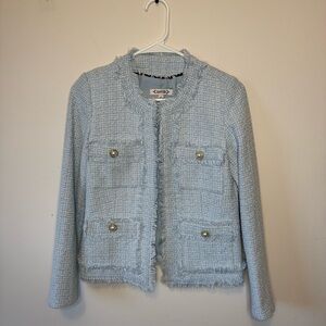 Nanette Lepore light blue tweed blazer pearl buttons